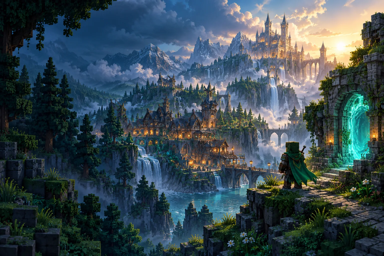 Fantastyczna dolina, kamienny portal i osada — ilustracja świata Hytaris